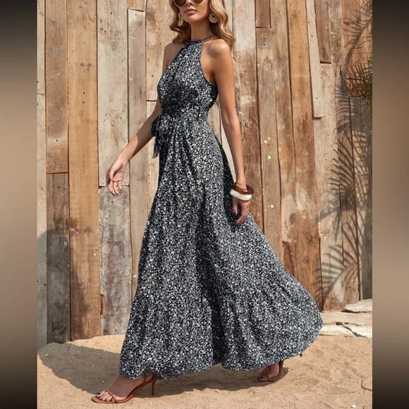 Accessories | Elegant Black Floral Halter Maxi Dress | Poshmark